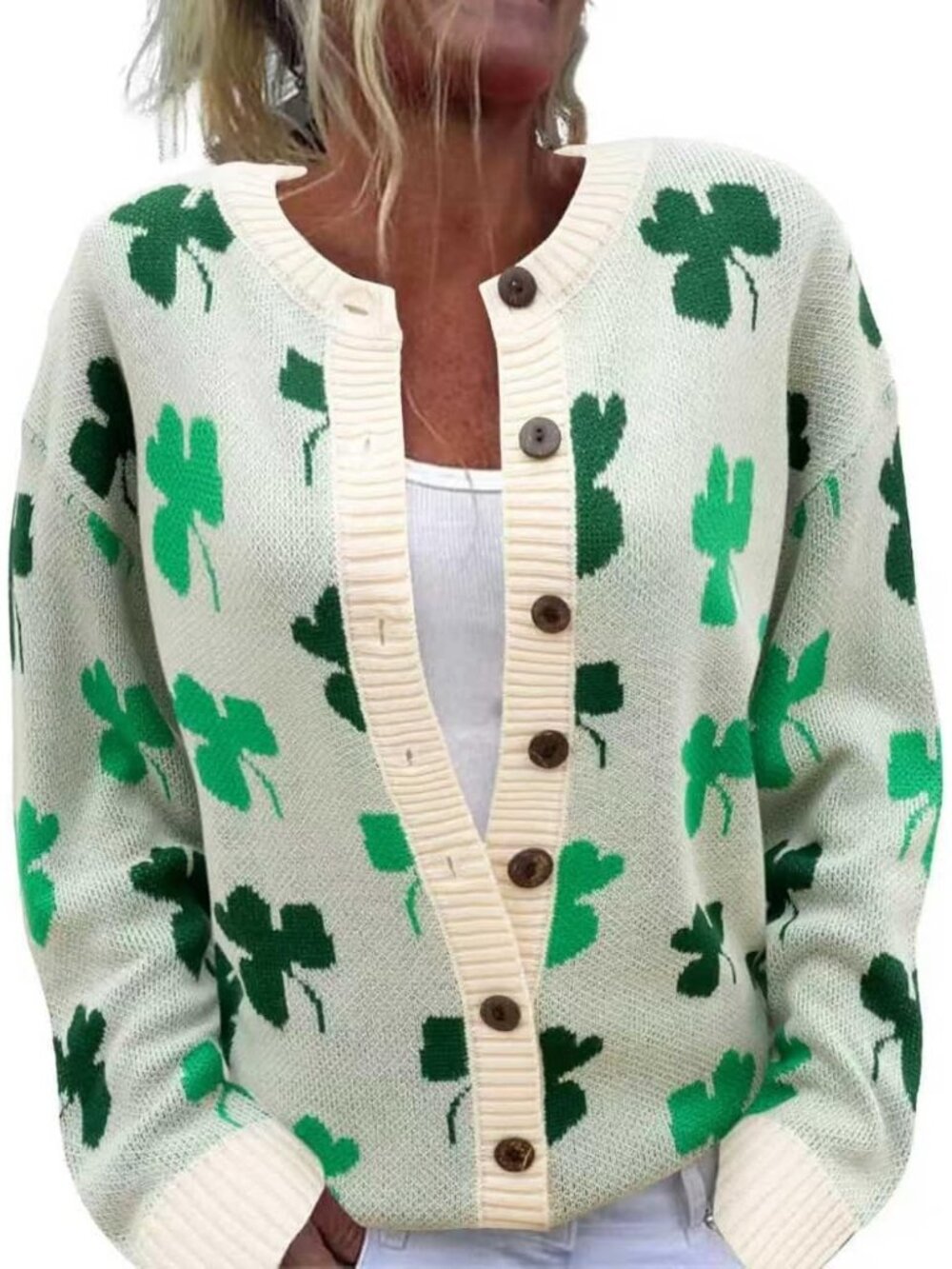 Women’s Cream St. Patrick’s Day Shamrock Knit Cardigan Sweater Top